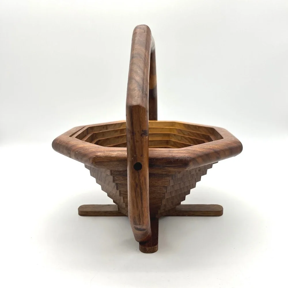 Vintage Wooden Accordion Fruit Basket Hexagonal Foldable Serving‎ Tray Handle